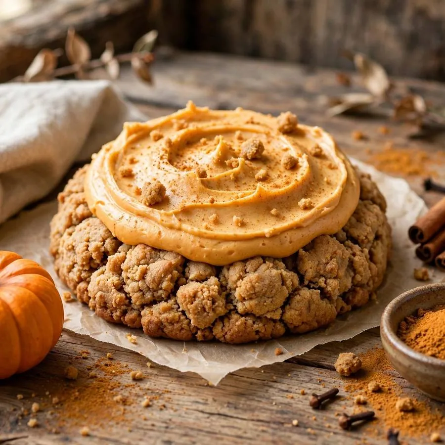 Pumpkin Cake Crumbl with a mini pumpkin, cinnamon sticks and pumpkin spice