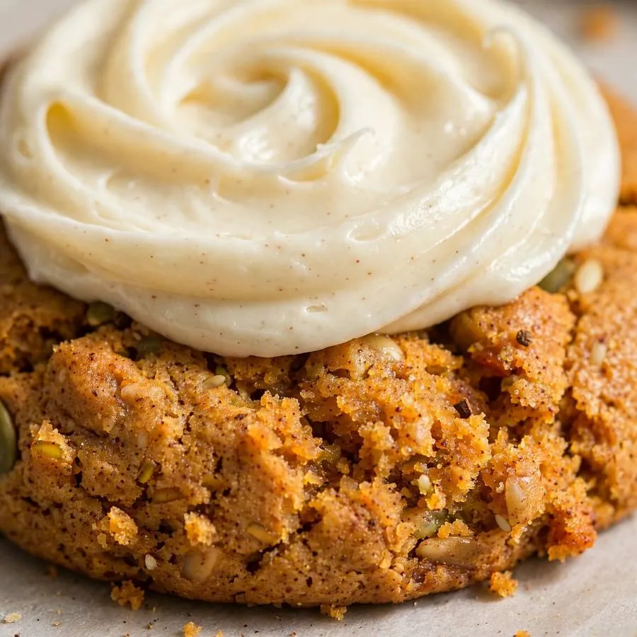 Cream cheese frosting swirl over the moist spiced pumpkin cake cookie