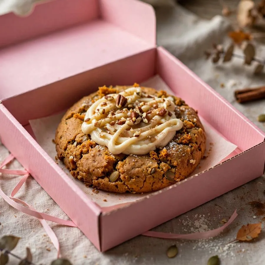 Pumpkin cake cookie presented in a pink Crumbl bakery box