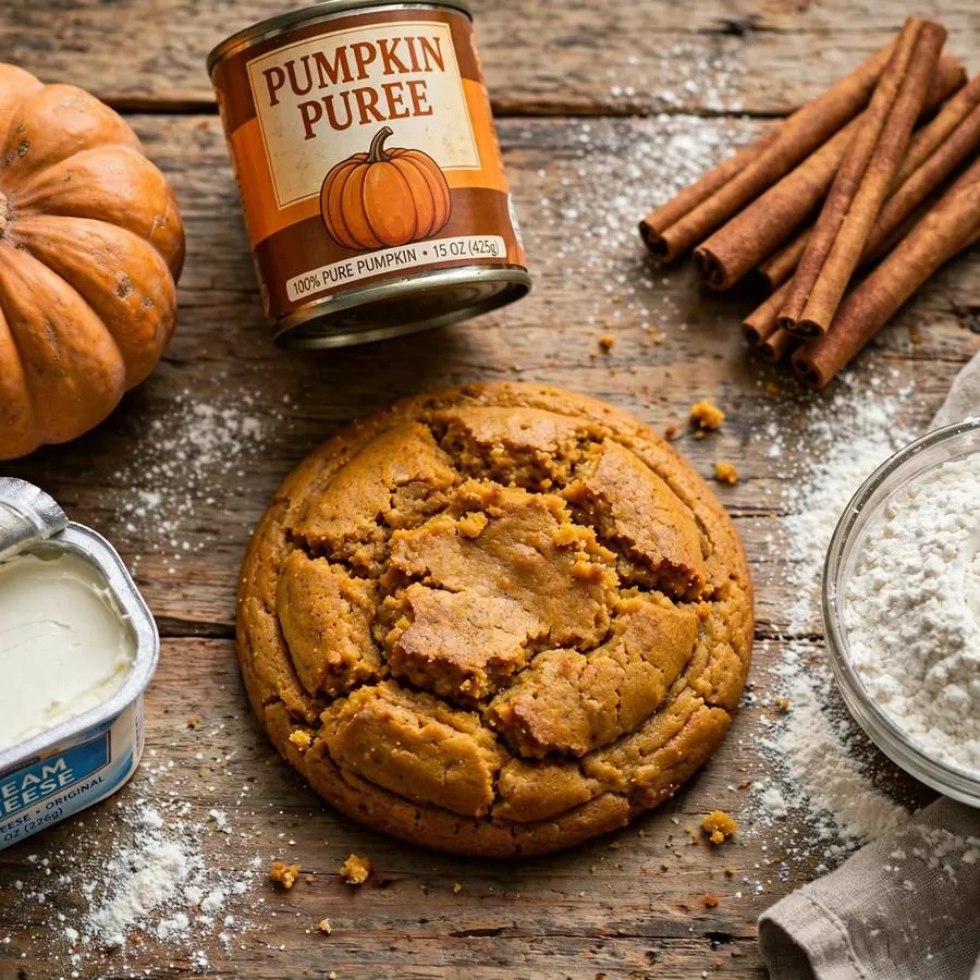 Pumpkin cake cookie with mini pumpkin, pumpkin puree and cinnamon on a wooden table