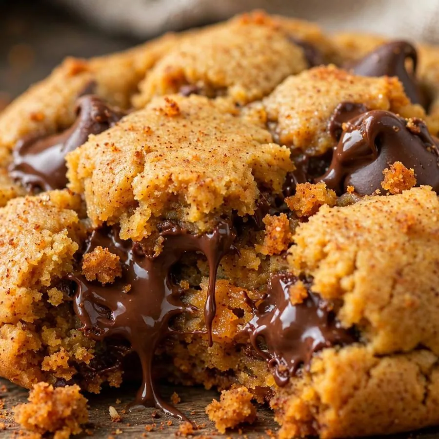 Extreme close-up of the Pumpkin Chocolate Chip Crumbl Cookie showing melty chocolate chips in spiced pumpkin cookie detail
