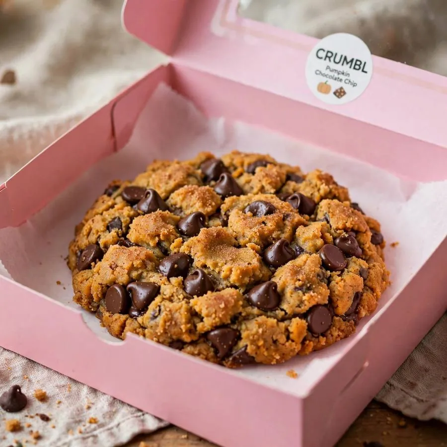 Pumpkin Chocolate Chip Crumbl Cookie served in a pink bakery box