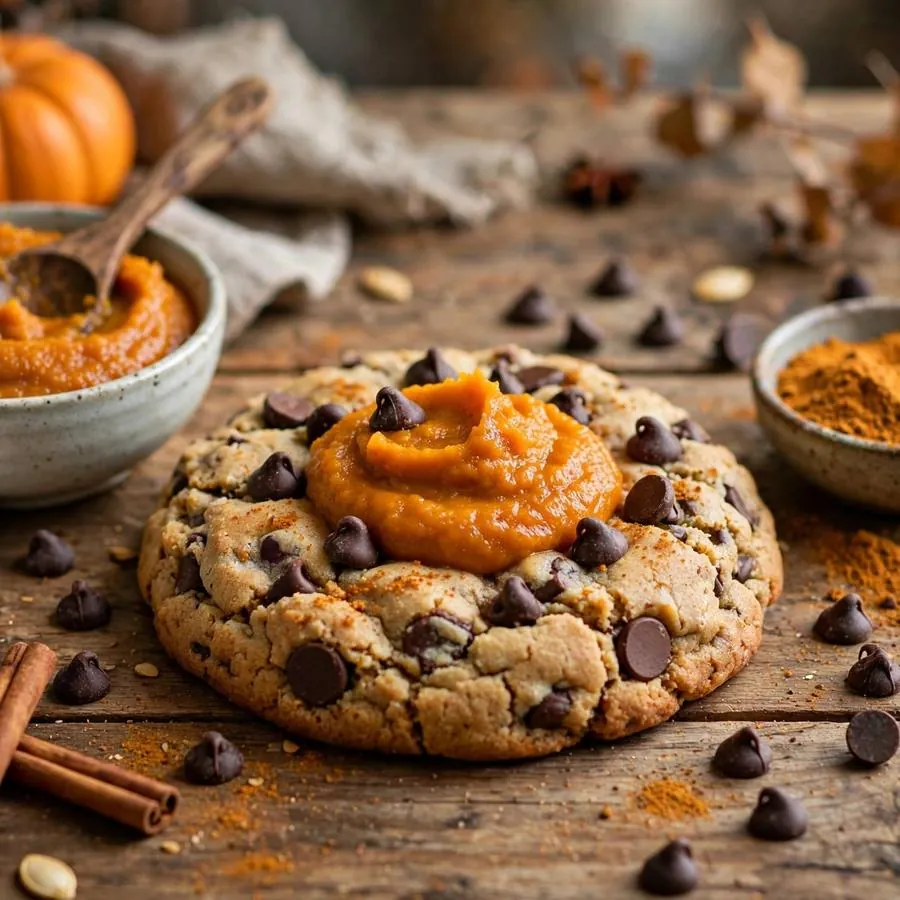 Pumpkin Chocolate Chip Crumbl Cookie with pumpkin puree, pumpkin pie spice and chocolate chips arranged on a rustic wooden table