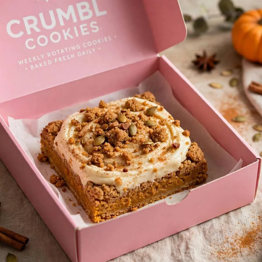 Pumpkin Square cookie in a pink bakery box