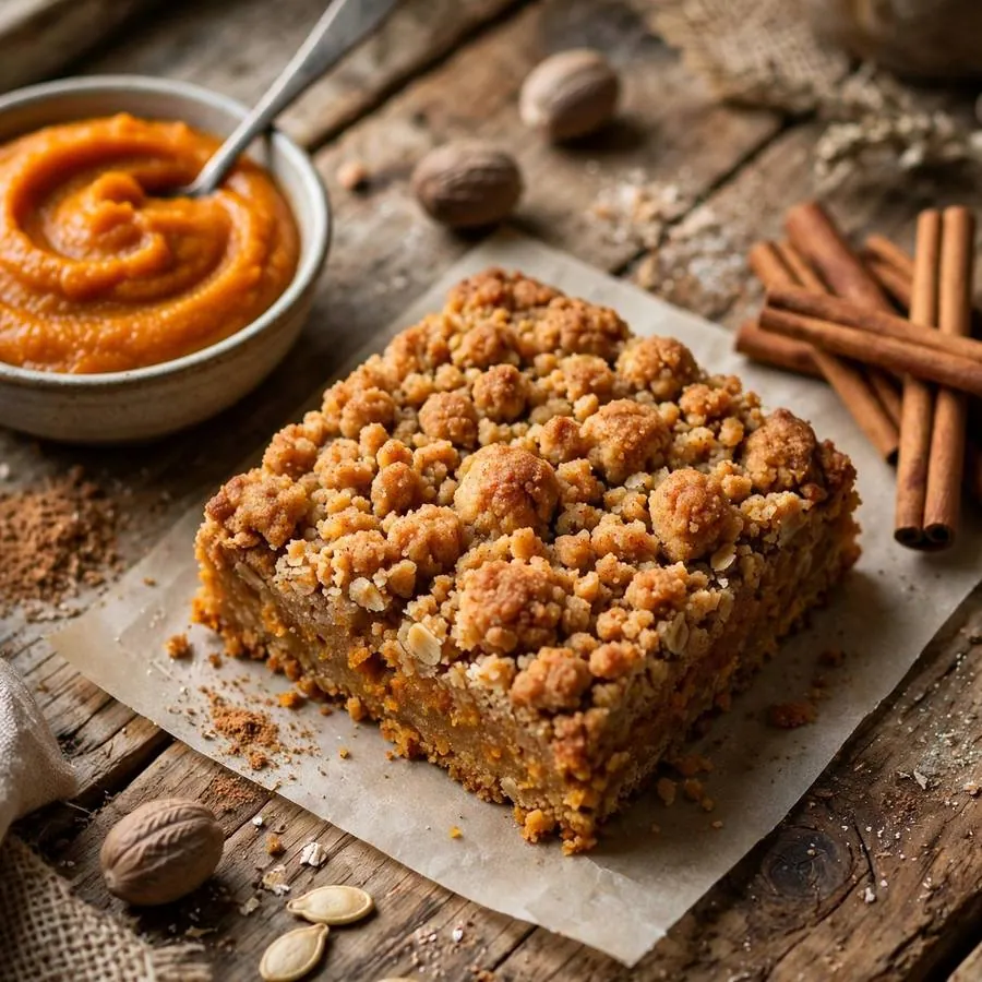 Pumpkin Square cookie with pumpkin puree, cinnamon and nutmeg on a wooden table