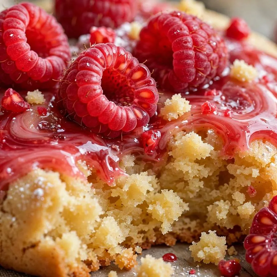 Extreme close-up of fresh raspberries and raspberry glaze on a buttery cake cookie Extreme close-up of fresh raspberries and raspberry glaze on a buttery cake cookie