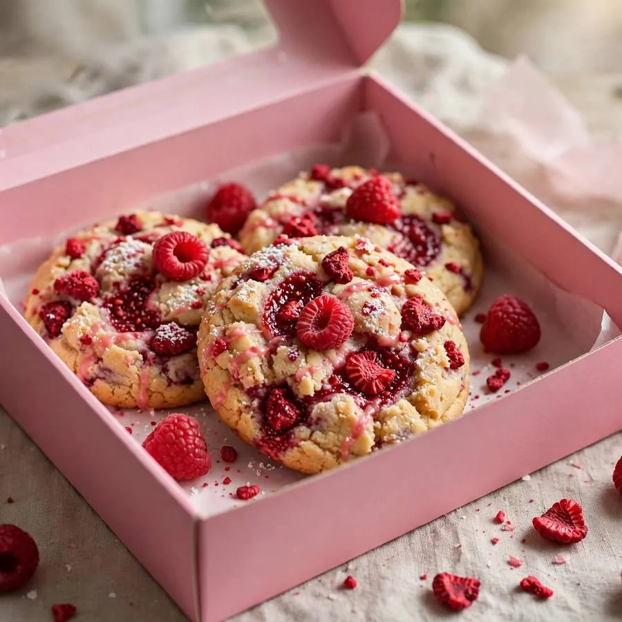 Raspberry butter cake cookie served in a pink bakery box Raspberry butter cake cookie served in a pink bakery box