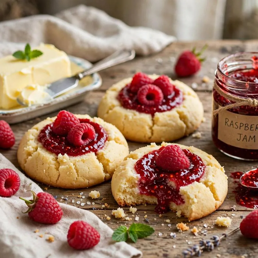 Raspberry butter cake cookie beside fresh raspberries, butter and raspberry jam on a wooden table Raspberry butter cake cookie beside fresh raspberries, butter and raspberry jam on a wooden table