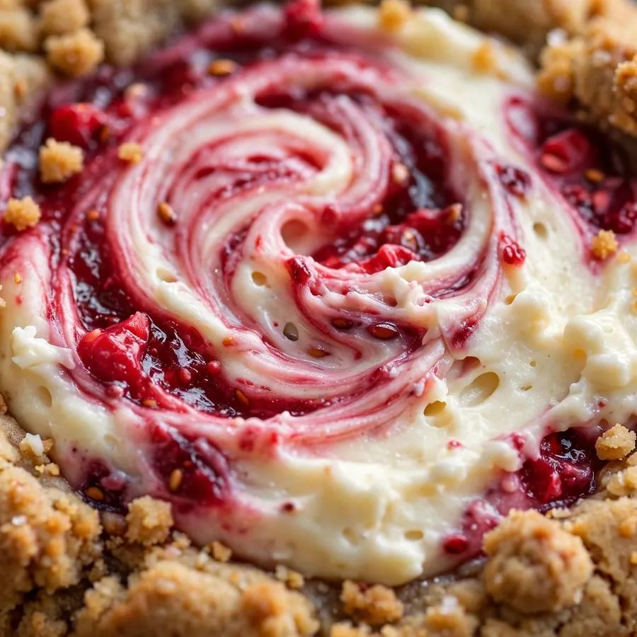 Raspberry swirl topping on Raspberry Cheesecake Crumbl Cookie Raspberry swirl topping on Raspberry Cheesecake Crumbl Cookie