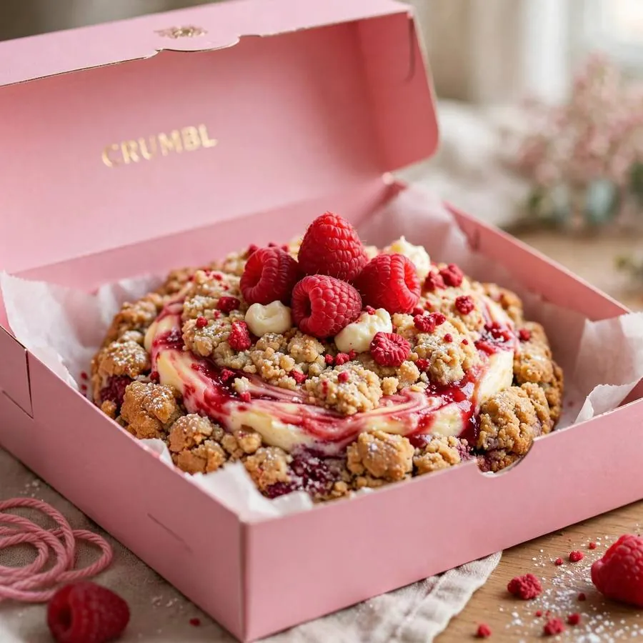 Raspberry Cheesecake Crumbl Cookie in a pink bakery box Raspberry Cheesecake Crumbl Cookie in a pink bakery box