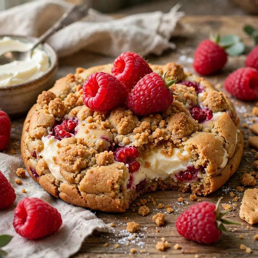 Raspberry Cheesecake Crumbl Cookie with fresh raspberries, cream cheese and graham crackers Raspberry Cheesecake Crumbl Cookie with fresh raspberries, cream cheese and graham crackers