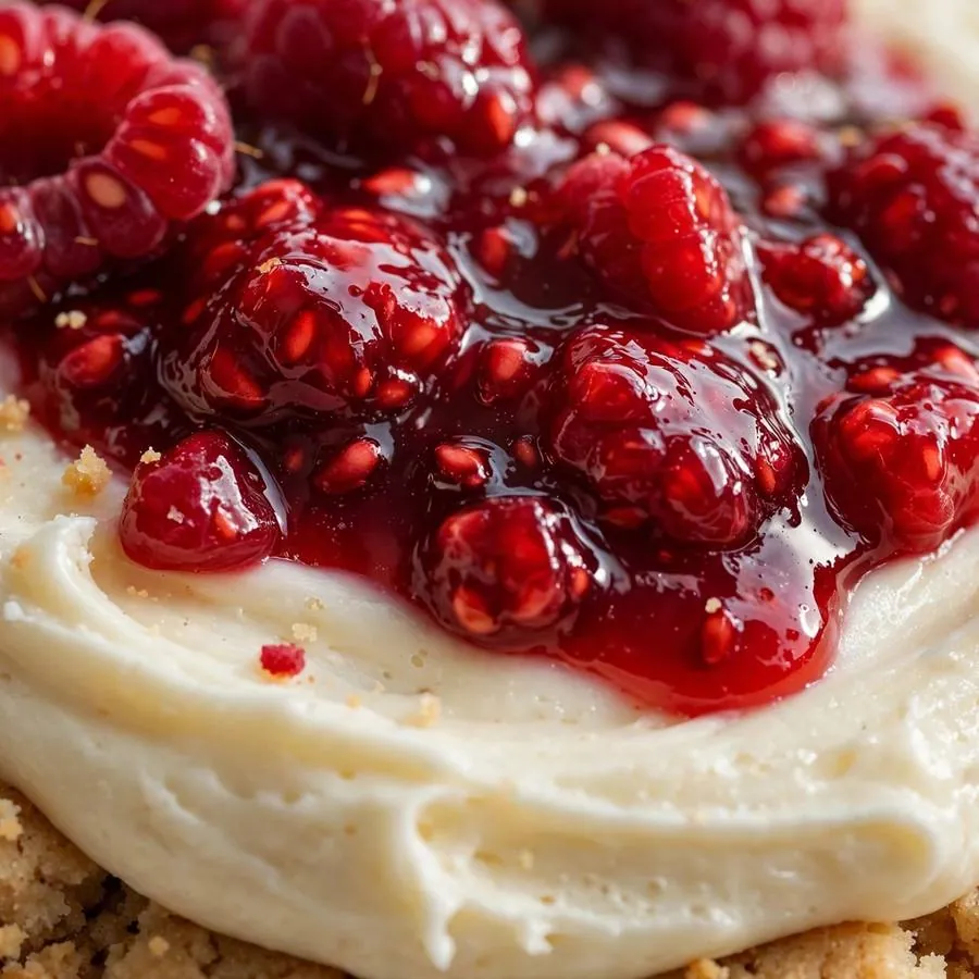 Glossy raspberry compote over creamy cheesecake frosting