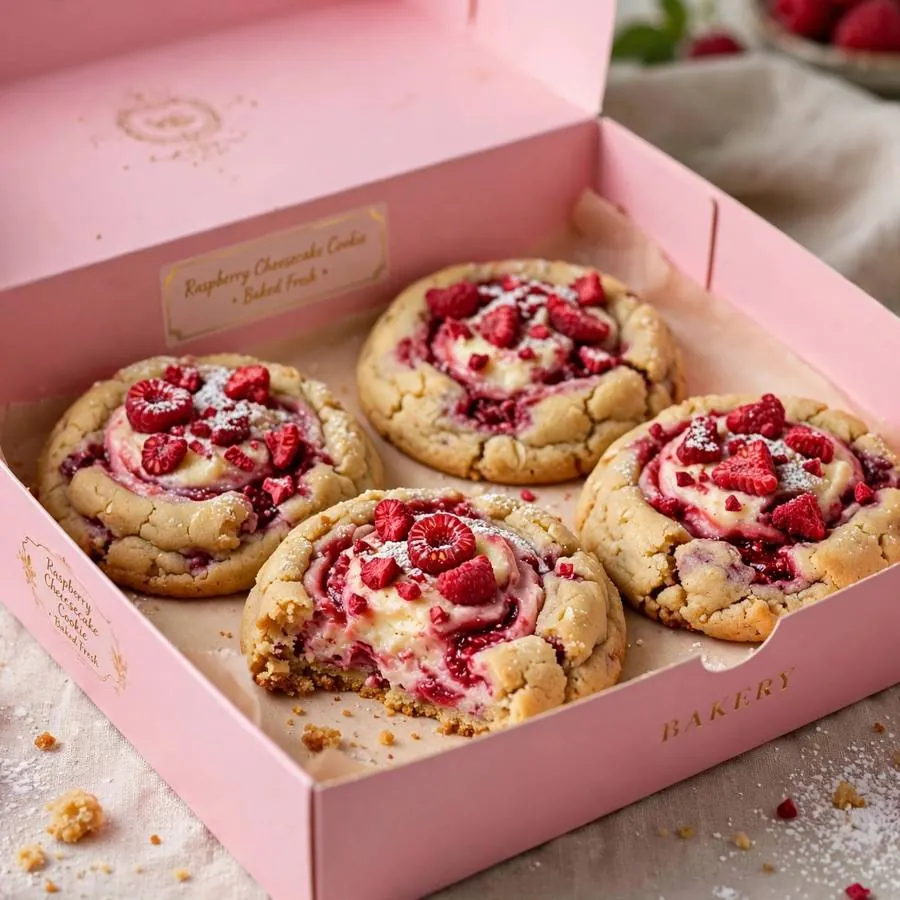 Raspberry cheesecake cookie presented in a pink Crumbl bakery box