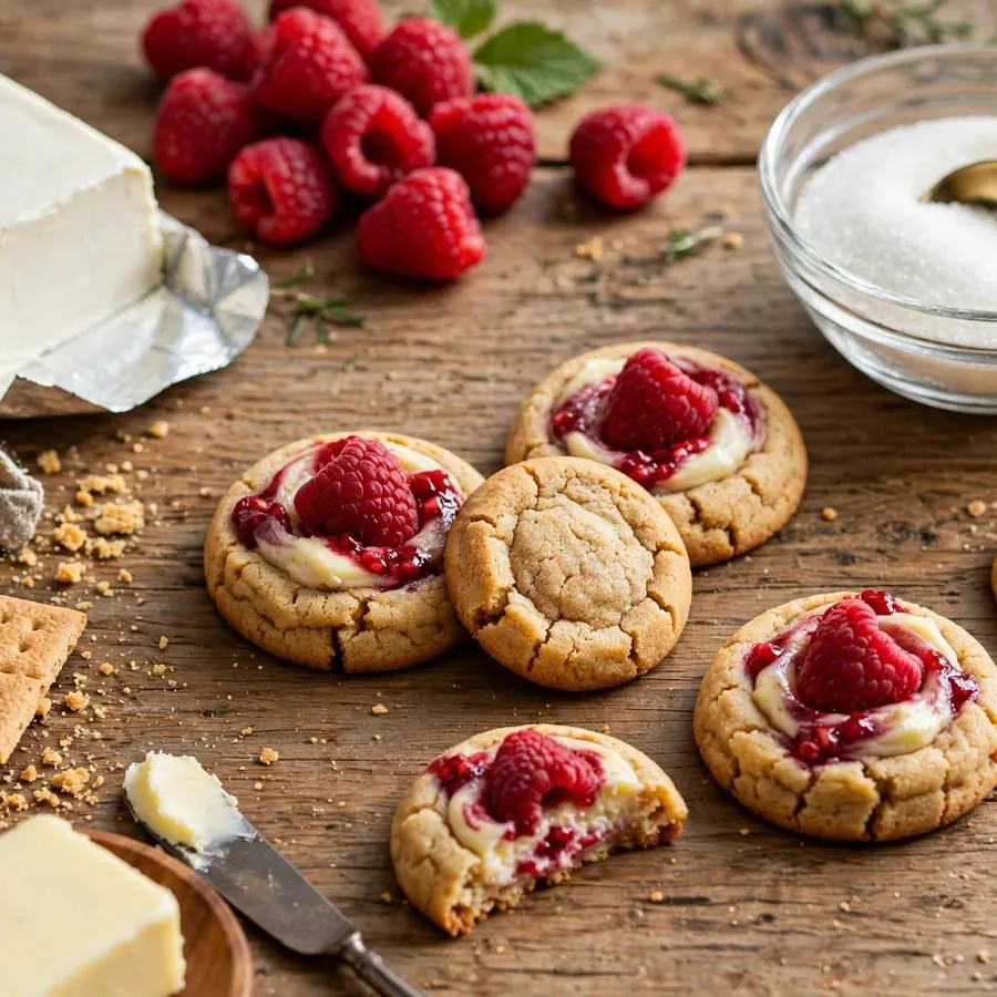 Raspberry cheesecake cookie with fresh raspberries, cream cheese and graham crackers on a wooden table
