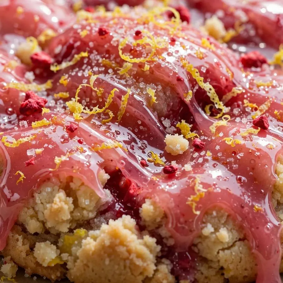 Extreme close-up of the Raspberry Lemonade Crumbl Cookie showing glossy pink raspberry glaze with lemon zest detail