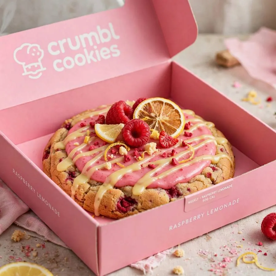 Raspberry Lemonade Crumbl Cookie served in a pink bakery box