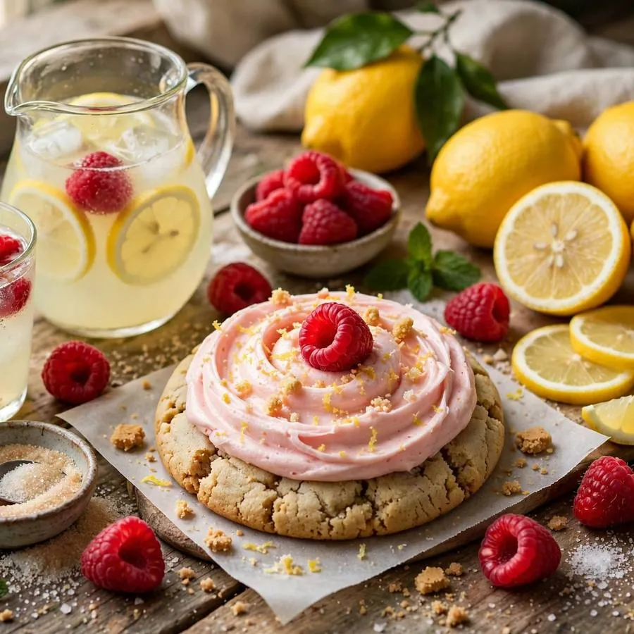Raspberry Lemonade Crumbl Cookie with fresh raspberries, lemons and lemonade arranged on a rustic wooden table