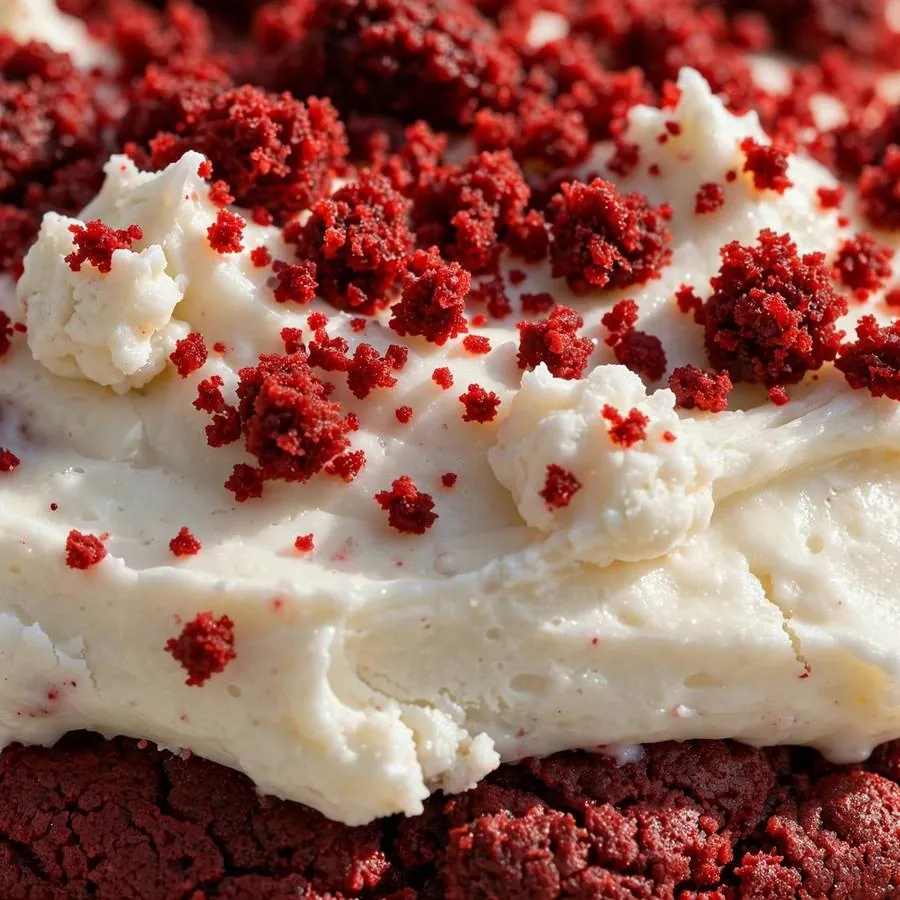 Extreme close-up of the Red Velvet Crumbl Cookie showing red cookie crumb topping on white cream cheese frosting detail