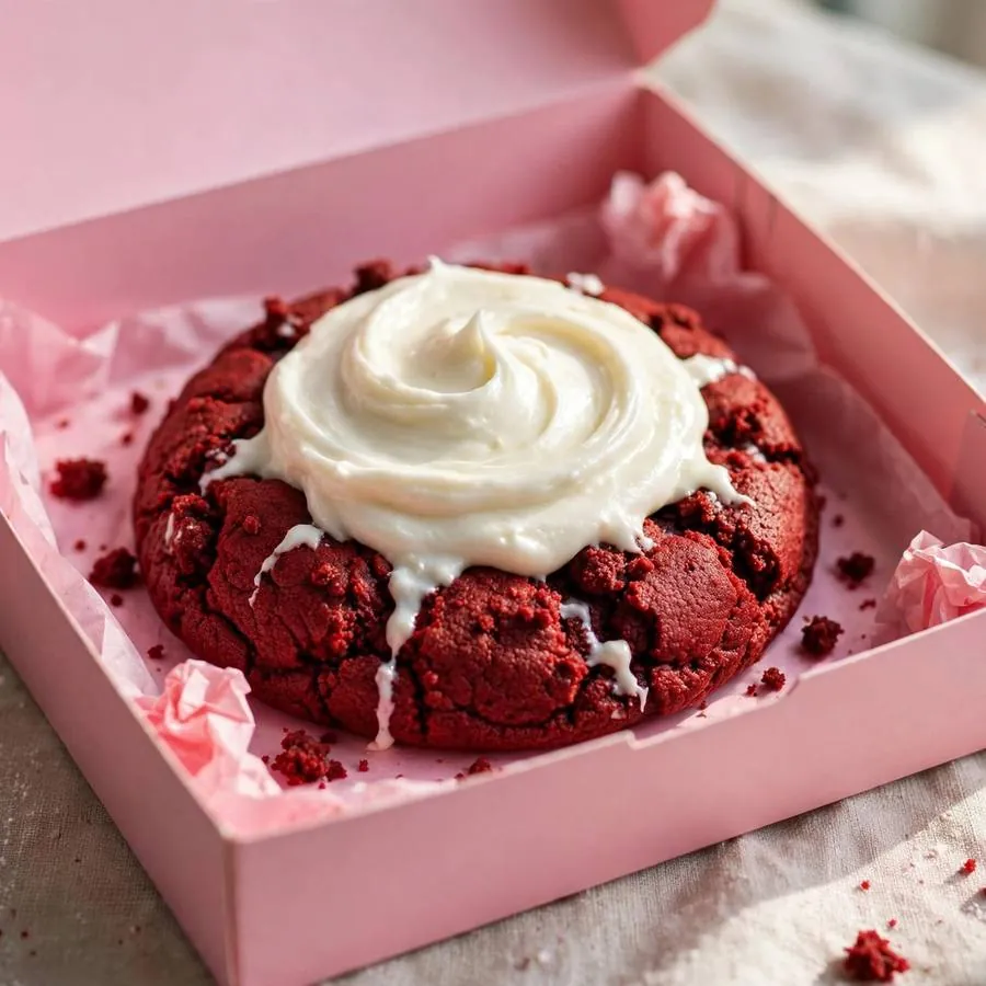 Red Velvet Crumbl Cookie served in a pink bakery box