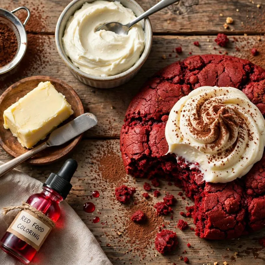 Red Velvet Crumbl Cookie with cocoa powder, red food coloring, cream cheese and butter arranged on a rustic wooden table