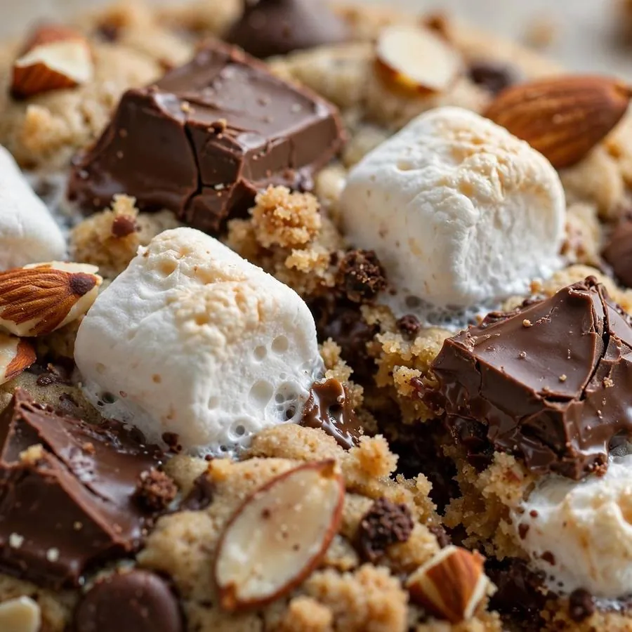 Mini marshmallows, chocolate chunks and almonds on the cookie