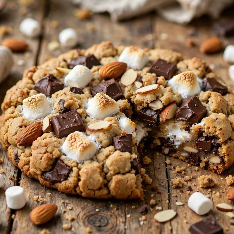 Rocky Road cookie with marshmallows, chocolate chunks and almonds on a wooden table