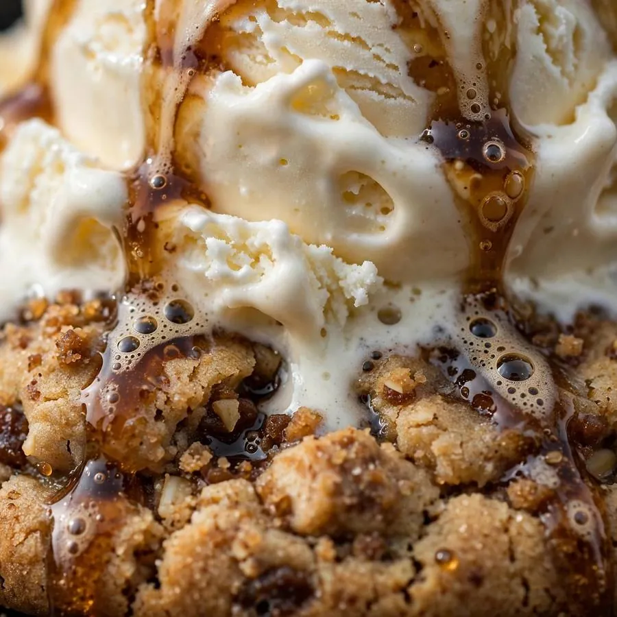 Extreme close-up of vanilla ice cream scoop and root beer drizzle on a cookie Extreme close-up of vanilla ice cream scoop and root beer drizzle on a cookie