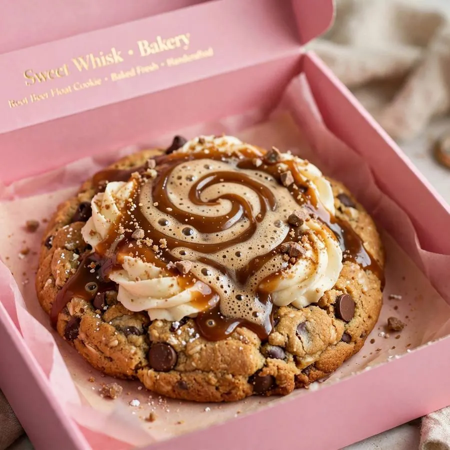 Root beer float cookie served in a pink bakery box Root beer float cookie served in a pink bakery box
