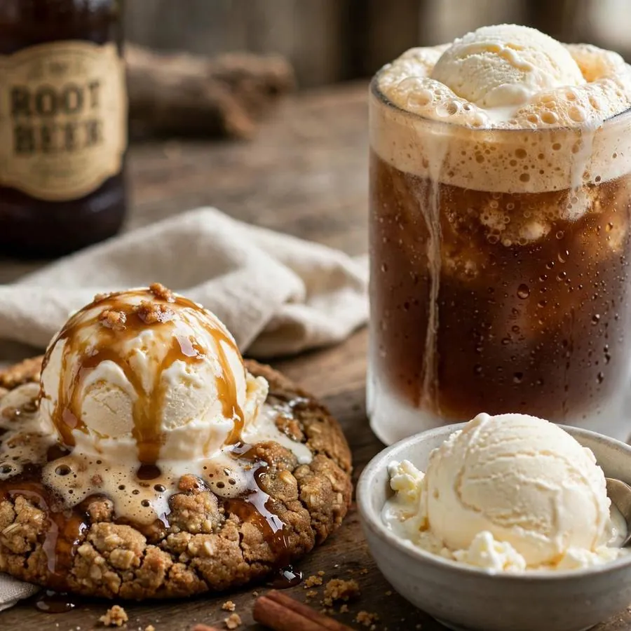 Root beer float cookie beside vanilla ice cream, root beer and a frosted glass mug on a wooden table Root beer float cookie beside vanilla ice cream, root beer and a frosted glass mug on a wooden table