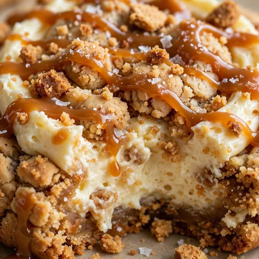 Salted caramel drizzle over creamy cheesecake texture