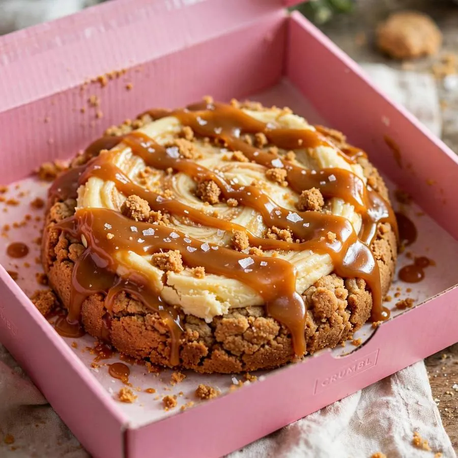 Salted Caramel Cheesecake cookie in a pink bakery box