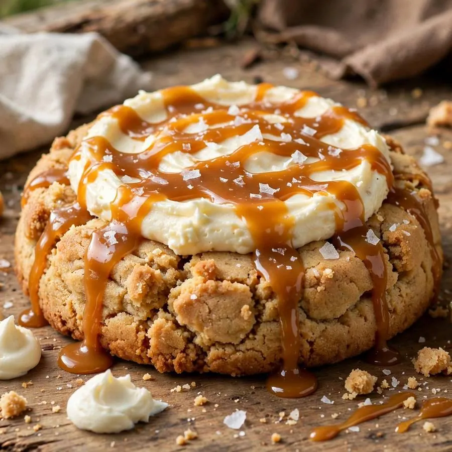 Salted Caramel Cheesecake cookie with caramel sauce and flaky sea salt on a wooden table
