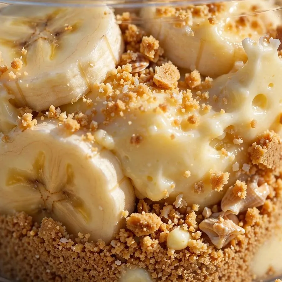 Graham sand crumb and banana layers on Sandy Beach Banana Pudding Cup