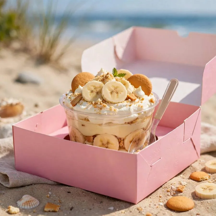 Sandy Beach Banana Pudding Cup in a pink bakery box
