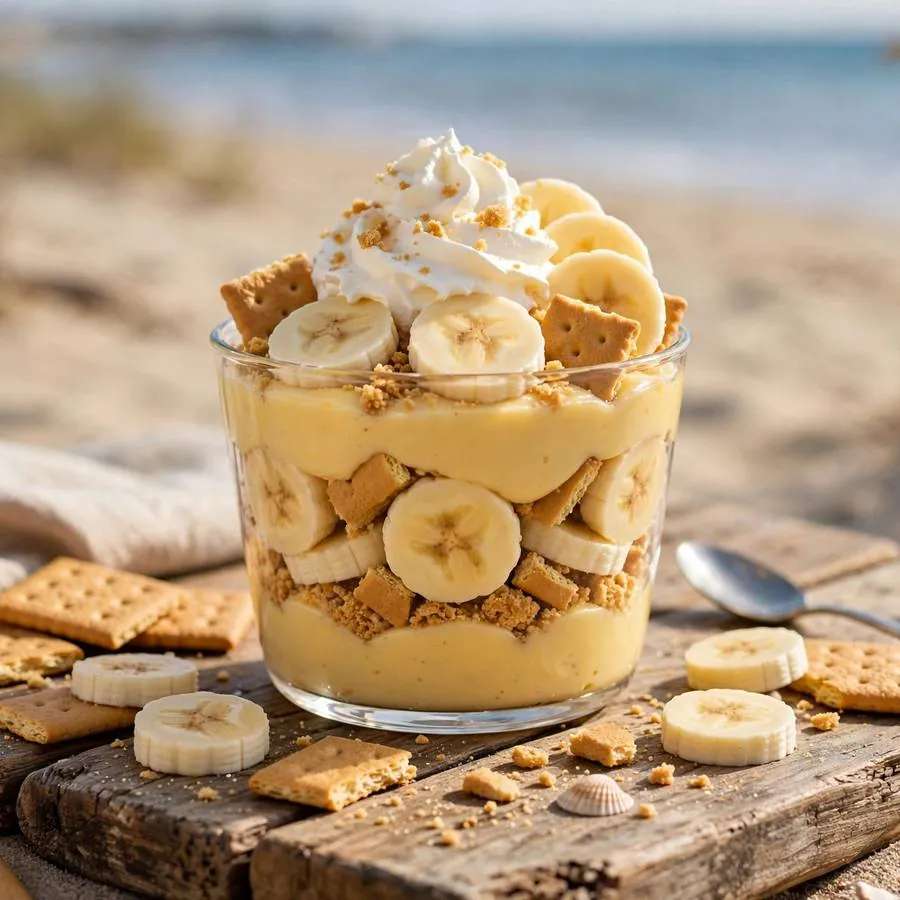 Sandy Beach Banana Pudding Cup with sliced bananas, graham crackers and whipped cream