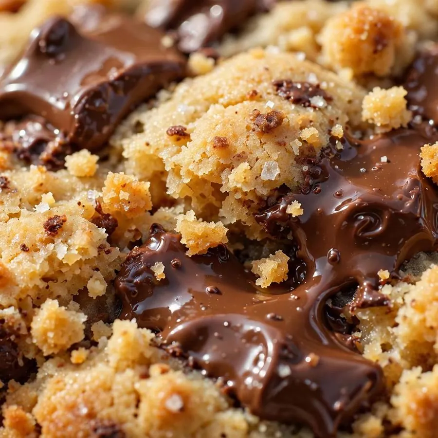 Melted semi-sweet chocolate chunks in the golden buttery cookie Melted semi-sweet chocolate chunks in the golden buttery cookie