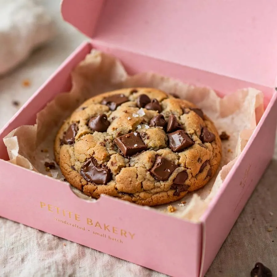 Semi-sweet chocolate chunk cookie presented in a pink Crumbl bakery box Semi-sweet chocolate chunk cookie presented in a pink Crumbl bakery box