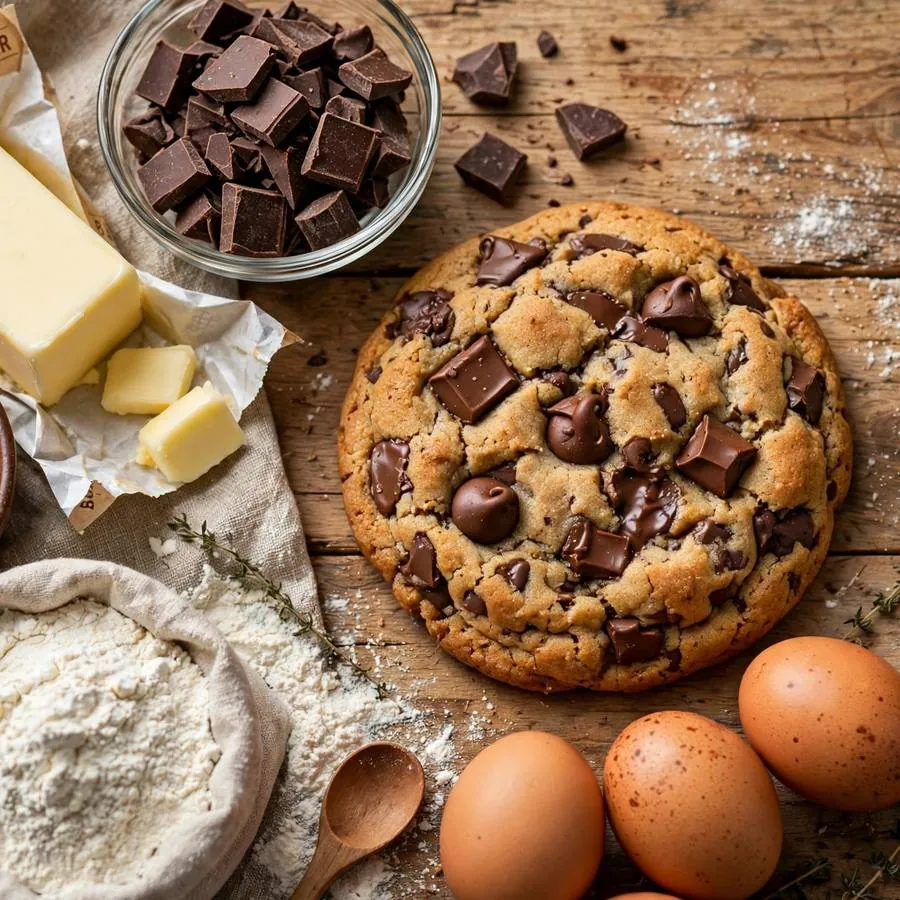Semi-sweet chocolate chunk cookie with chocolate chunks, butter and brown sugar on a wooden table Semi-sweet chocolate chunk cookie with chocolate chunks, butter and brown sugar on a wooden table