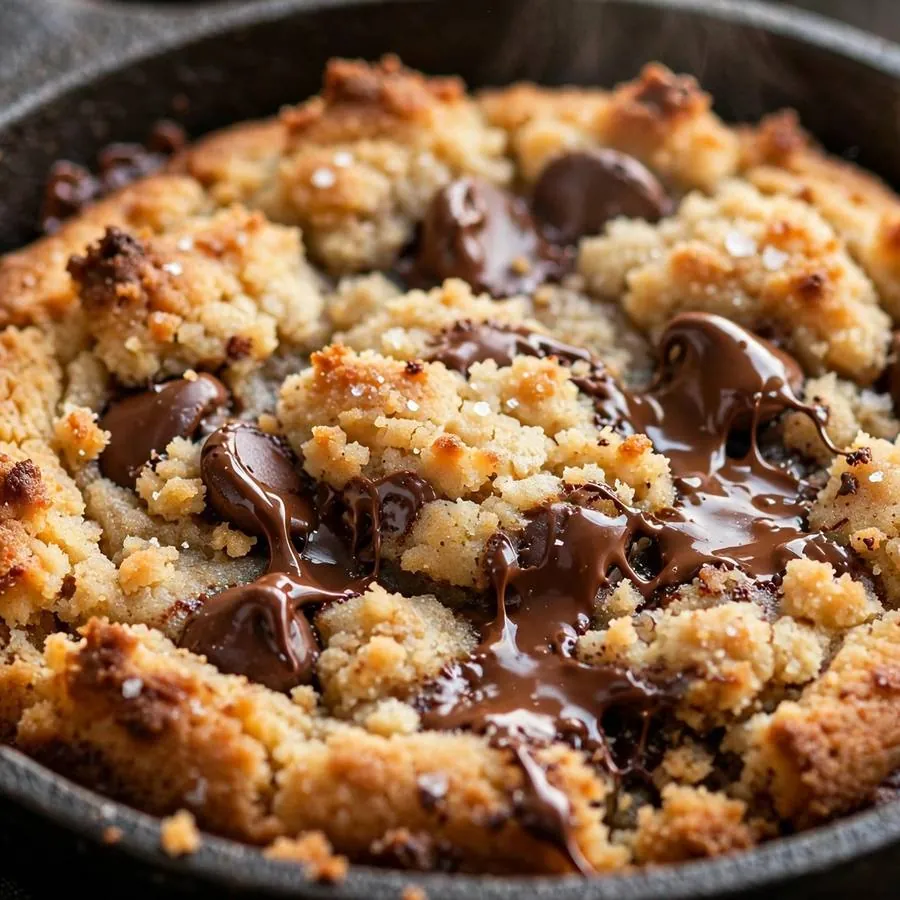 Extreme close-up of the Skillet Crumbl Cookie showing melty chocolate chips and crispy edges in a mini skillet detail
