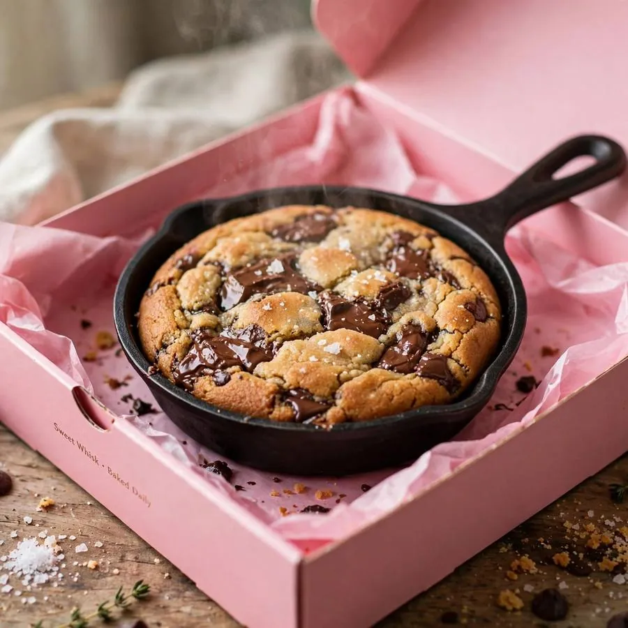 Skillet Crumbl Cookie served in a pink bakery box