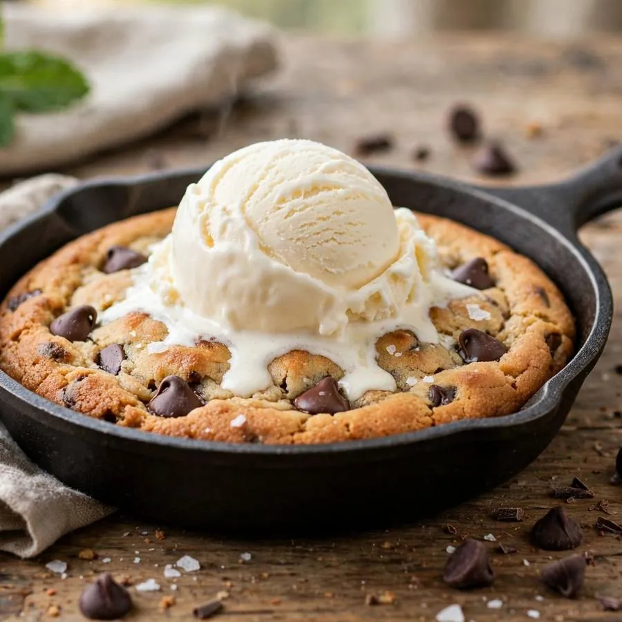 Skillet Crumbl Cookie with vanilla ice cream, a mini cast iron pan and chocolate chips arranged on a rustic wooden table
