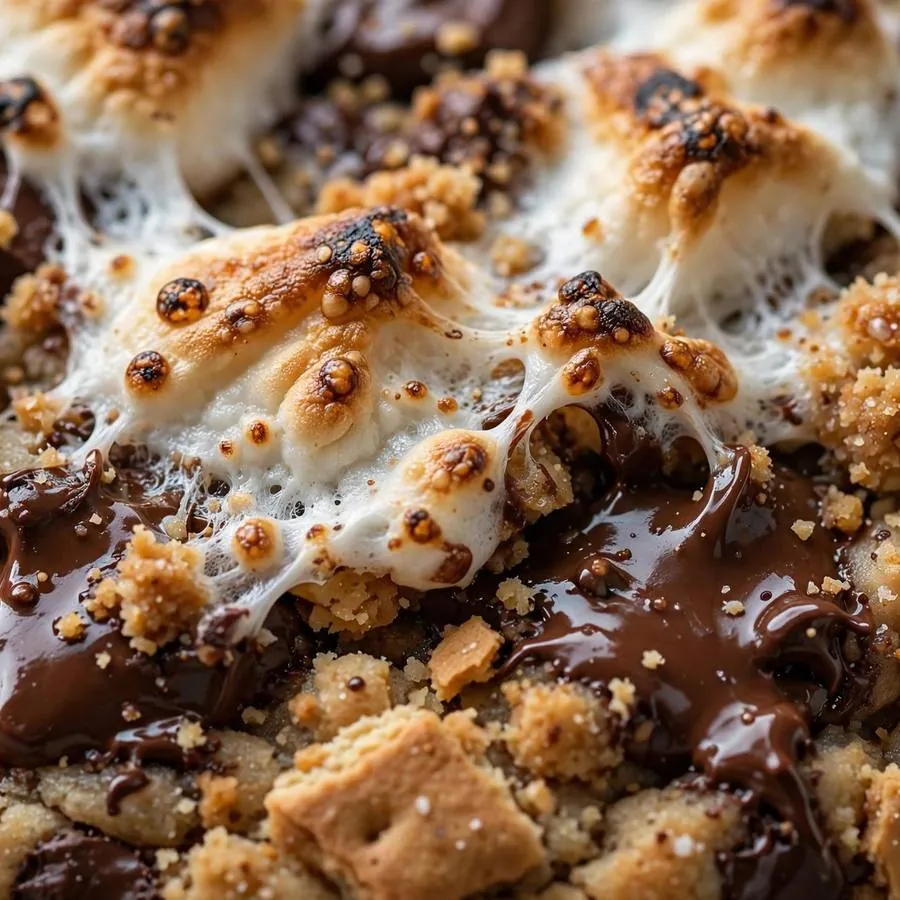Extreme close-up of toasted marshmallows and melted chocolate chunks on a s'mores cookie