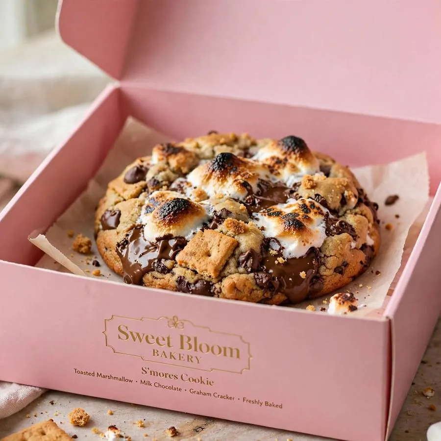 S'mores cookie served in a pink bakery box