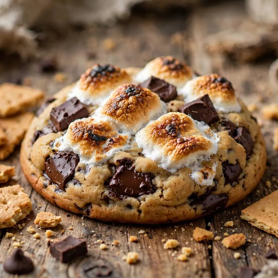 S'mores cookie beside toasted marshmallows, chocolate chunks and graham crackers on a wooden table