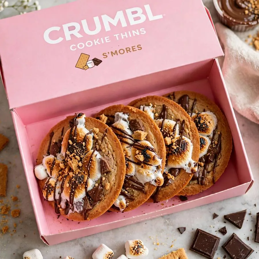 S'mores Cookie Thins in a pink bakery box
