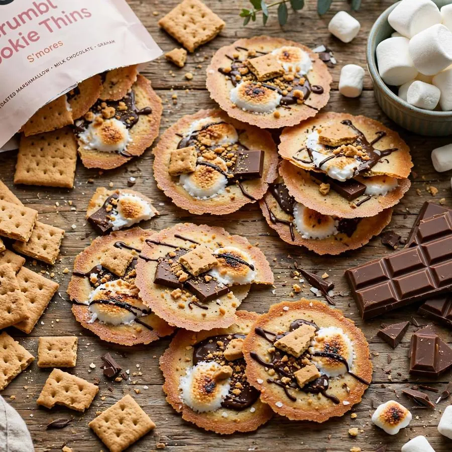 S'mores Cookie Thins with marshmallows, chocolate bars and graham crackers on a wooden table