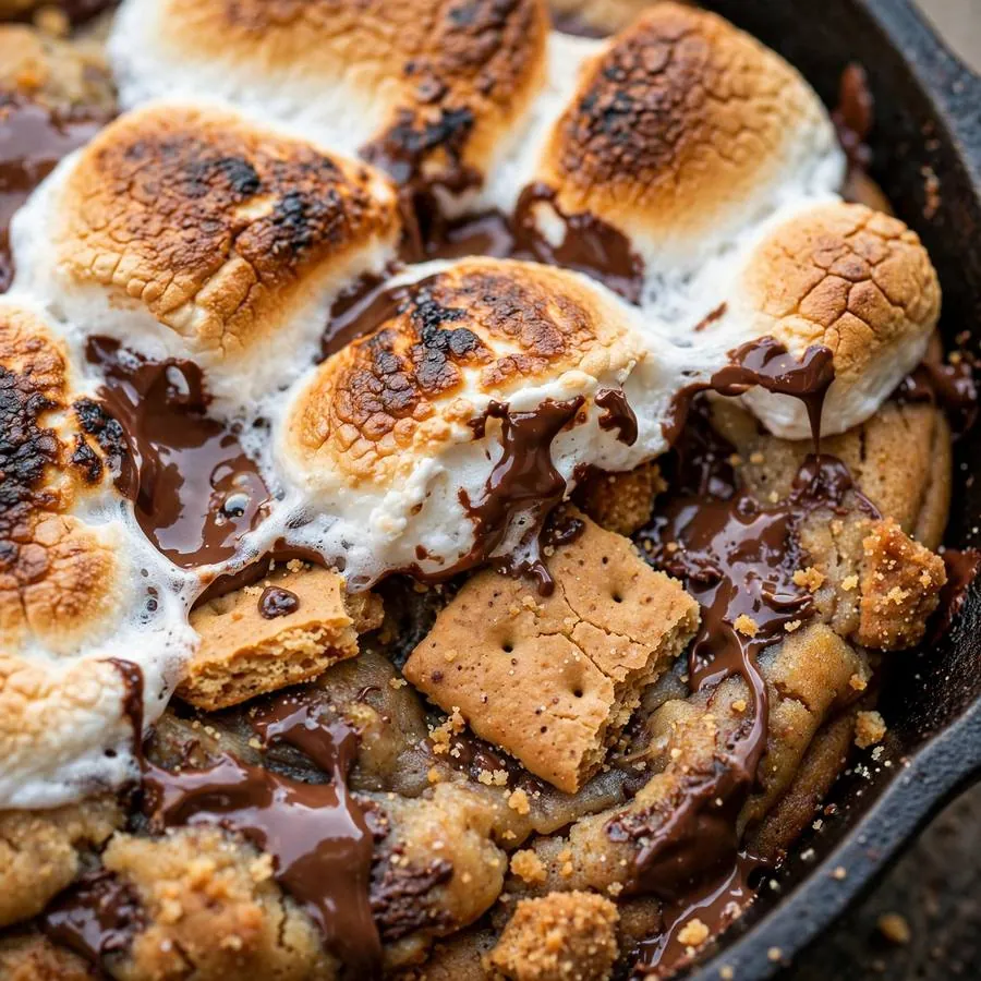Extreme close-up of toasted marshmallows and melted chocolate on a s'mores skillet cookie