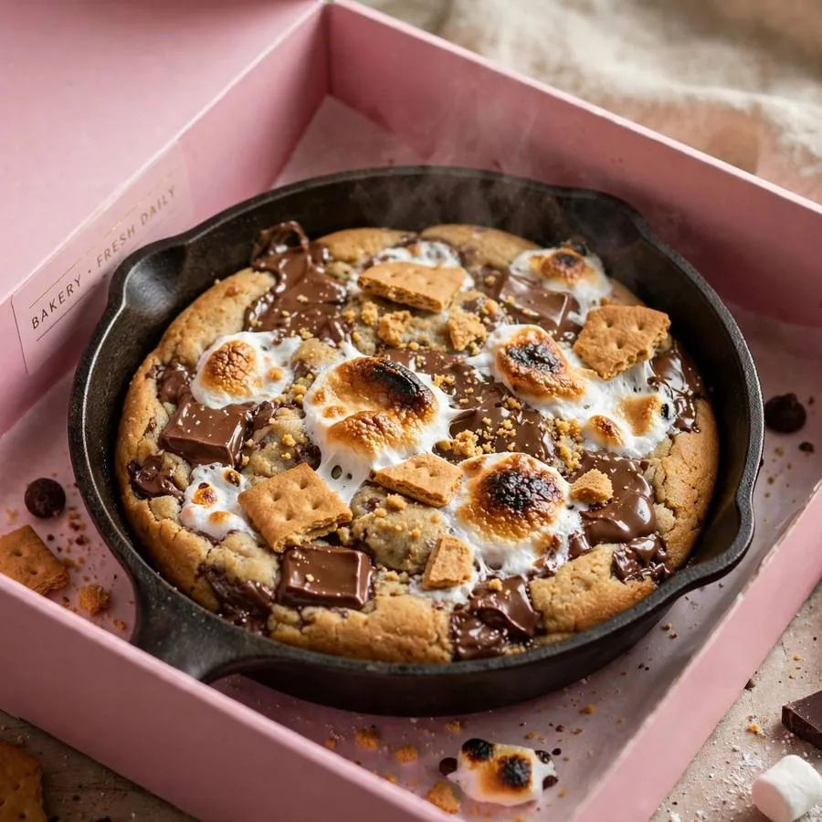 S'mores skillet cookie served warm in a pink bakery box