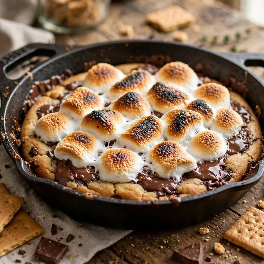 S'mores skillet cookie beside toasted marshmallows, chocolate bars and graham crackers on a wooden table