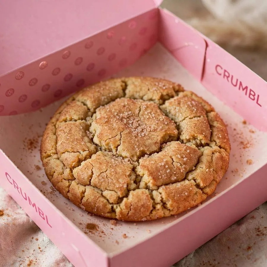 Snickerdoodle Crumbl Cookie in a pink bakery box